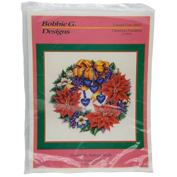 Christmas Poinsettia Wreath Counted Cross Stitch Pattern Bobbie G Designs CP9391 - Picture 1 of 3